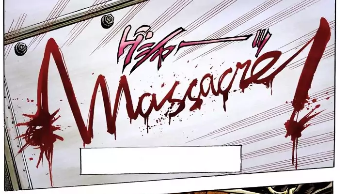 Le mot "Massacre!" écrit sur le mur avec du sang