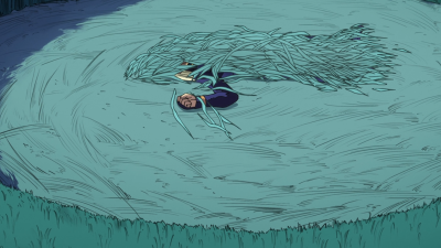 Mikitaka lying unconscious in the crop circle.