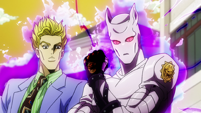 kira yoshikage and killer queen (jojo no kimyou na bouken and 1 more) drawn  by shihou_(g-o-s)