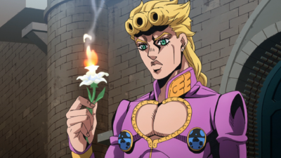 Giorno holding the flower lighter.png