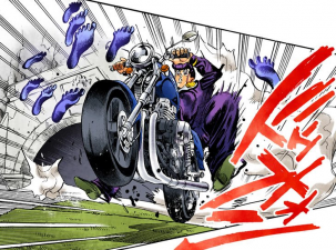 Chasing after Josuke, riding away on Rohan's motorcycle.