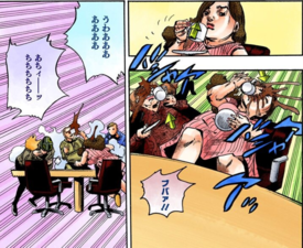 Mitsuba uses Awaking III Leaves to splash hot coffee onto Maako Kitani and her friends