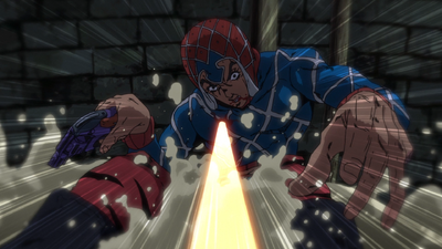 Mista is struck by his own bullet as a result of Ghaccio's White Album's 'Gently Weeps' ability.