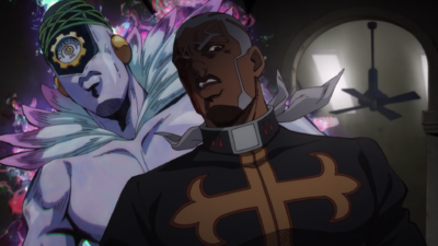 Made in Heaven standing with Pucci before attacking Emporio