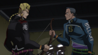 Okuyasu and Keicho fight over the arrow.png