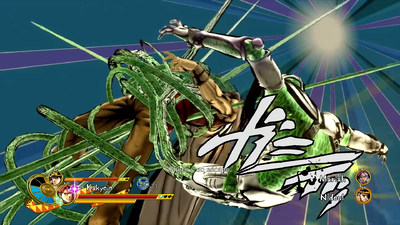 Restrains the enemy during Dual Heat Attack with Jotaro