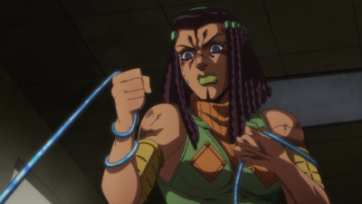 Ermes holding Jolyne's string as a rope while she goes exploring in Under World's hole