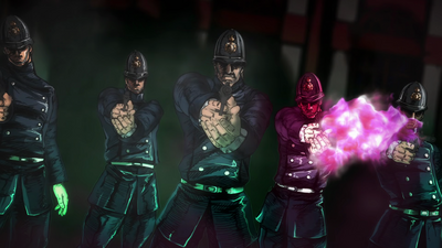 Various police officers, poised to fire at Dio in JoJo ~The Fate of That Blood~