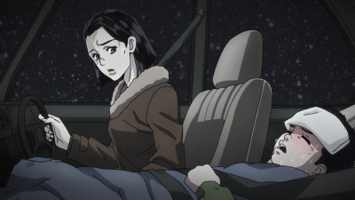 Tomoko desperately driving a young and gravely ill Josuke to the hospital.