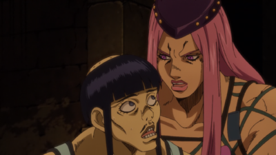 Guccio's body being touched by Anasui as he explains about ribcages, secretly setting up a trap inside him