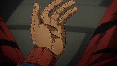 Mista realizing his pinky finger has been removed.