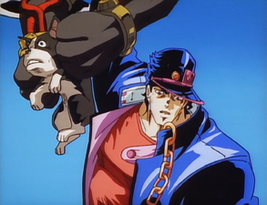 Iggy and Jotaro stay airborne by using The Fool to avoid being detected by Geb