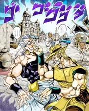 Hol Horse sticks his fingers up Polnareff's nose