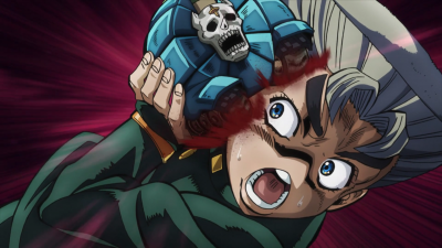 Koichi is attacked in the face by Sheer Heart Attack