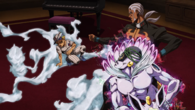 Emporio attaining Weather Report (Stand) in the ghost room to fight Pucci