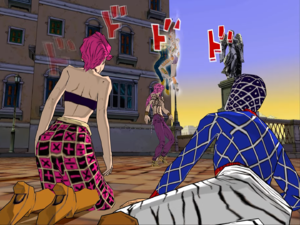 Trish and Mista witness the awakening of Giorno's Gold Experience Requiem