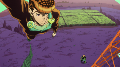 Josuke hanging for his life atop Super Fly.