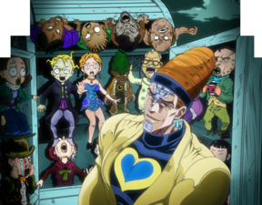 Showing off his soul-puppets to the Joestar group