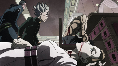 Aya lies dying in a pool of blood after Yoshikage Kira's attack