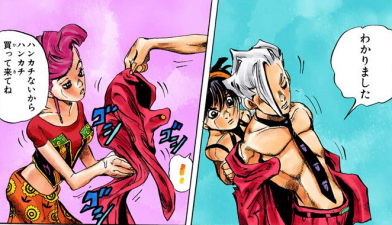 Fugo's clothes being used as a handkerchief by Trish