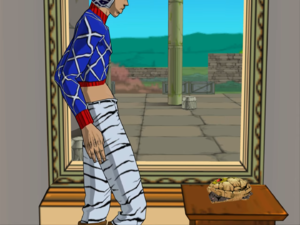 Mista now in the office of Giorno, the new Boss of Passione