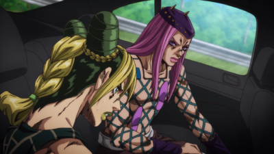 Anasui in the car telling Jolyne that they should go after Pucci at this very moment