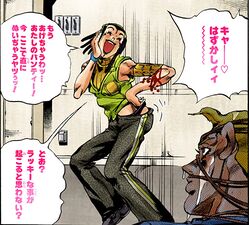 Ermes, while striking an "embarrassing" pose, offers to give her panties to Thunder McQueen