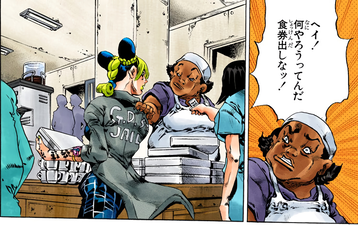 Yelling at an amnesiac Jolyne, asking her for her lunch ticket