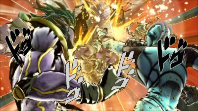 Star Platinum unleashing a dual barrage with Stone Free during Jotaro and Jolyne's DHA