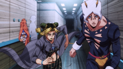 Weather and Jolyne going off to get to the courtyard