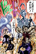 Devo the Cursed summons Ebony Devil to defend against Polnareff and Silver Chariot