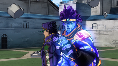 Jotaro and Star Platinum realizing their time stop has been unexpectedly cut short
