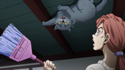 Shocked at Tama's sudden leap onto the ceiling