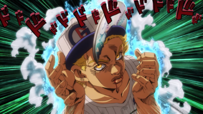 Weather Report's Stand DISC inserted into Emporio thanks to Pucci's attack