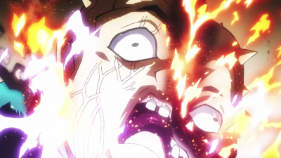O rosto de Shigechi parcialmente explodindo por causa da bomba do Killer Queen.