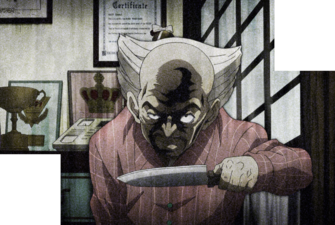 Brandishing a kitchen knife to kill Josuke and Jotaro