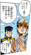 Jotaro explaining to Josuke that rats are one of the few animals that carry things like humans