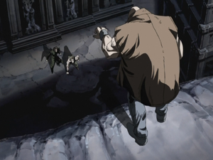 Confronts Polnareff and Kakyoin from above, on a cliffside (Ep. 5)