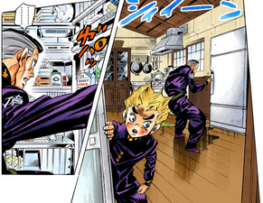 Okuyasu and Koichi search Kira's kitchen