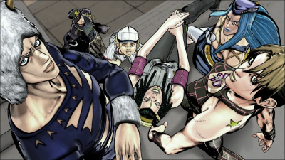 Emporio and the group in Stone Ocean's ending image in the story mode's epilogue