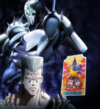 Polnareff, user of the Chariot Stand, confronts the heroes.