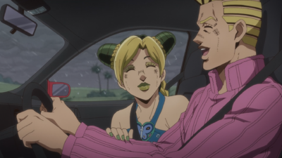 Romeo and Jolyne carelessly chatting while driving