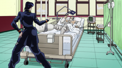 Reading a book as Josuke asks for his help.
