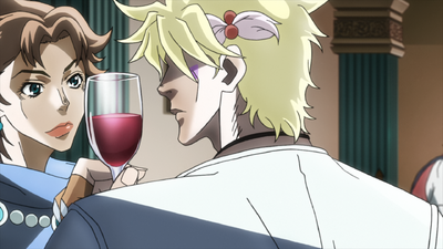 Caesar Zeppeli's first appearance (as an adult), flirting with a young woman