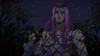 Anasui in normal size next to Jolyne who was recently shrunk by Green, Green Grass of Home