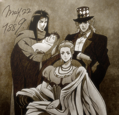 Photo of Straizo with Speedwagon and Erina as he holds a baby Lisa Lisa