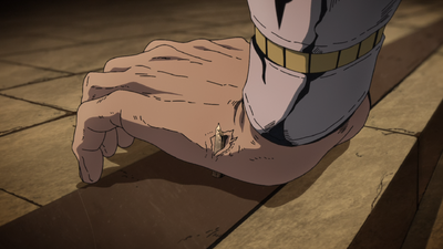 Bucciarati impales his hand on a broken nail, but does not notice or bleed