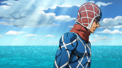 Mista lamenting Abbacchio as the gang walks away from his body.