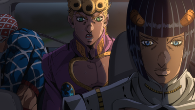 Bucciarati driving while Giorno asks how it can be that he's dying