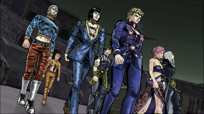 Bucciarati's Gang walking forward in the new timeline during the ending